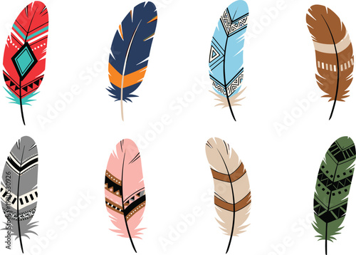 Boho tribal feather set with colorful ethnic patterns and decorative bird plumes for fashion print, logo, and modern vector illustration.