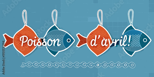 A colorful illustration depicting poisson d avril with fish motifs