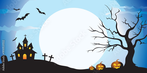 Spooky halloween scene with a castle bats and a large full moon