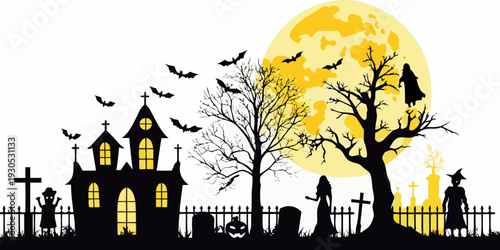 Spooky halloween scene featuring a haunted house graveyard and full moon