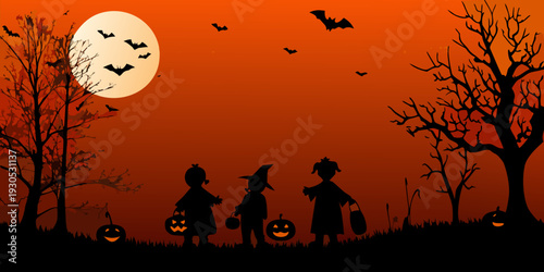 Silhouetted children trick or treating under a full moon on halloween night
