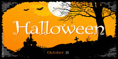 A spooky halloween scene with a full moon and haunted house