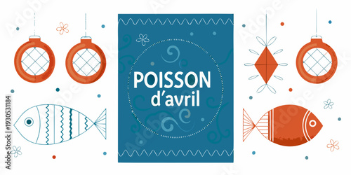 Festive illustration with fish ornaments and april fool s day text