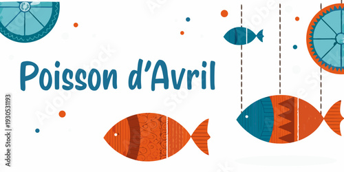 Festive illustration featuring colorful fish and april fools day text