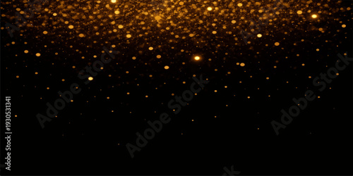 A golden Christmas background featuring glowing stars and holiday lights with falling snow particles and a shimmering blue bubble texture for an elegant winter night design