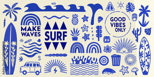 A vibrant blue collage featuring surfboards plants and positive messages