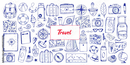 Hand drawn collection of travel themed items and accessories