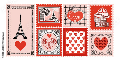 A collection of postage stamps featuring romantic parisian motifs