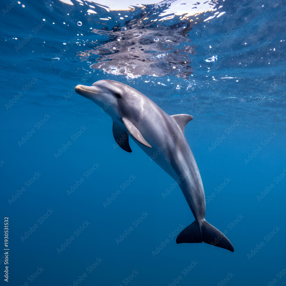Fototapeta premium Dolphin Swimming Gracefully Underwater in Clear Blue Ocean with Sunlight Filtering Through Surface Creating Natural Reflection and Bubbles Around Marine Animal