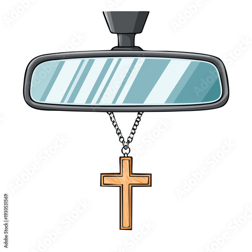 Cartoon rear view mirror with religious cross