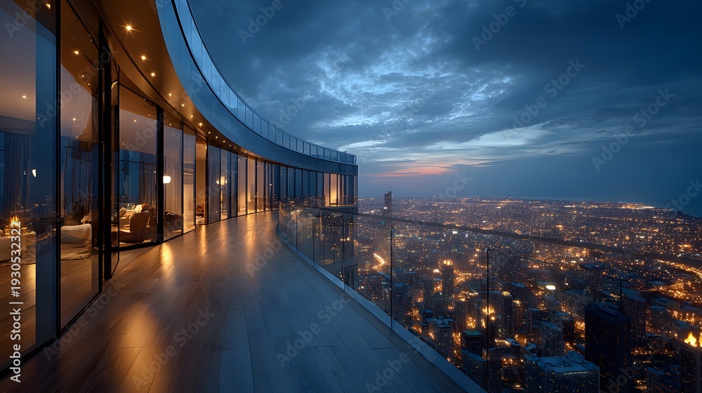 Obraz premium Sleek modern glass balcony of a luxury high-rise penthouse offering a breathtaking panoramic view of a sprawling metropolis at twilight.