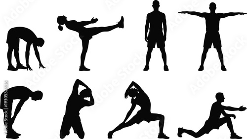 Fitness exercise silhouette set with stretching, lunges and balance poses, male and female workout training vector illustration collection