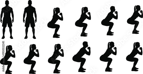 Squat exercise silhouettes set, men and women fitness training poses, bodyweight strength workout routine isolated vector illustration