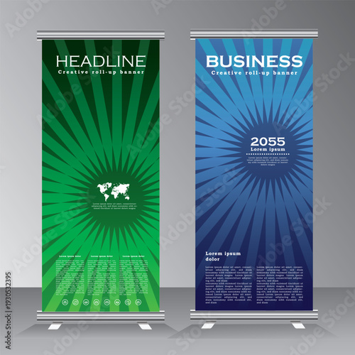 Roll up banner design, abstract vertical banner template with green and blue colour, vector eps 10