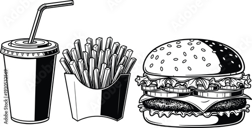 Fast food combo meal with burger fries and soda drink, detailed black and white vector illustration isolated