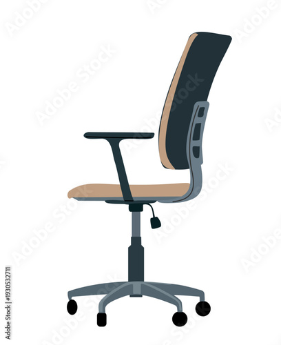 Flat vector illustration of a modern office chair with navy blue backrest, tan seat, and gray pedestal base on transparent background.