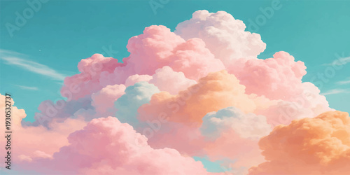 A beautiful summer day features fluffy white cumulus clouds and pink clouds drifting through a clear blue sky as bright sunlight creates a stunning nature cloudscape