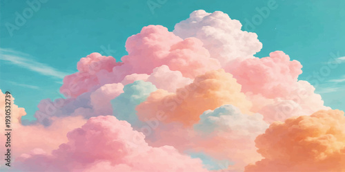 Beautiful fluffy white cumulus clouds drift across a bright blue summer sky as sunlight illuminates the clear atmosphere of this breathtaking natural cloudscape