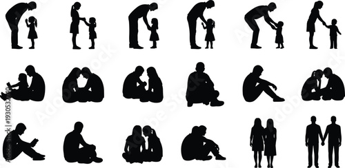 Family bonding silhouette collection, parents and children sitting reading holding hands together, black vector illustration isolated on white background