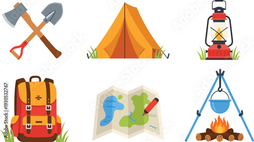 Camping and outdoor adventure equipment set with tent, backpack, lantern, map, campfire, and tools for travel, hiking, and nature exploration vector illustration.