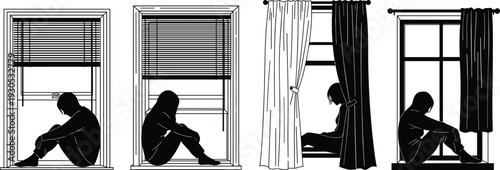 Depressed person sitting by window silhouette set, loneliness mental health concept illustration, isolated black vector on white background
