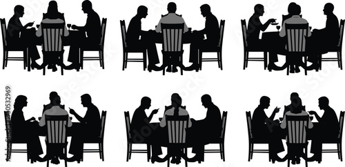 Family dinner silhouettes at dining table, people eating and talking together, home mealtime scene vector illustration isolated