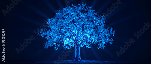 Glowing Blue Tree with Radiant Light Rays Emanating From Its Branches Against a Dark Background, Fantasy Nature Concept for Digital Art or Website Banners