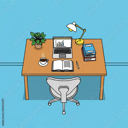 Cozy modern office desk setup with laptop, books and plant.