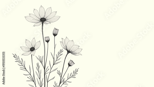 A minimalist black and white illustration of a single flower and foliage. Ideal for backgrounds, branding, or adding a touch of organic elegance to de