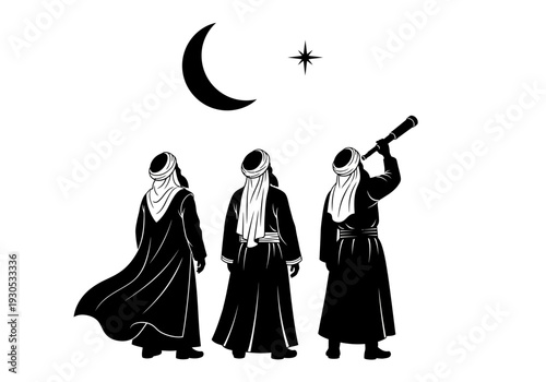 Three astronomers observing the crescent moon and star