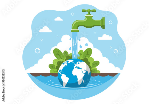 Water conservation concept with earth and dripping faucet