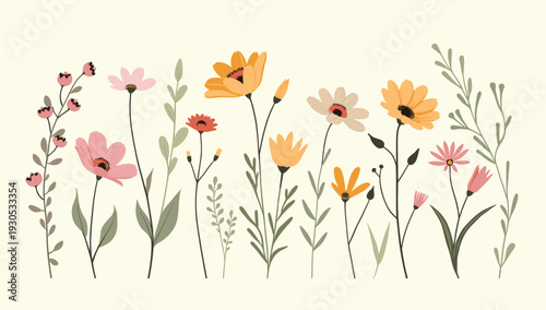 A charming floral illustration in soft pastel tones. Perfect for backgrounds, stationery, and spring themed designs evoking a sense of calm and natura