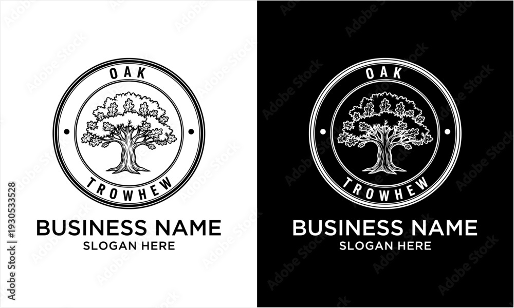 Obraz premium Oak Tree Logo Design with Vintage Circular Frame.