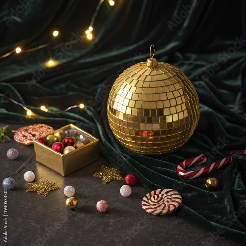 Shiny Golden Disco Ball Surrounded by Festive Decorations and Lights