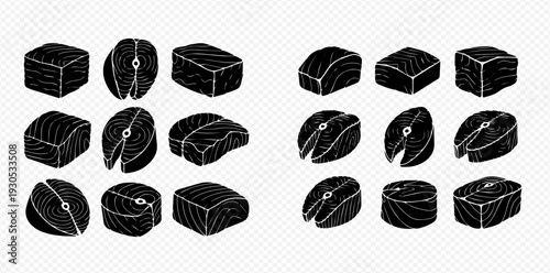 Set of salmon and tuna fish steak and fillet pieces in black silhouette style.
