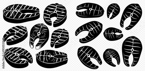 Set of black and white grilled salmon steaks vector illustration, perfect for seafood menus and healthy eating designs.