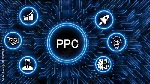 A glowing neon  PPC icon surrounded by smaller icons for ai and manufacturing process management all connected in a digital circuit like pattern, manufacturing planning, manufacturing strategy. 4k 