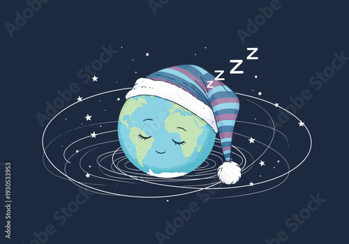 Sleeping earth planet wearing striped night cap in space
