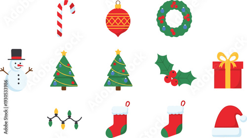 Christmas festive icon set with snowman, tree, wreath, gift box, stocking, candy cane, and Santa hat for winter holiday vector illustration.