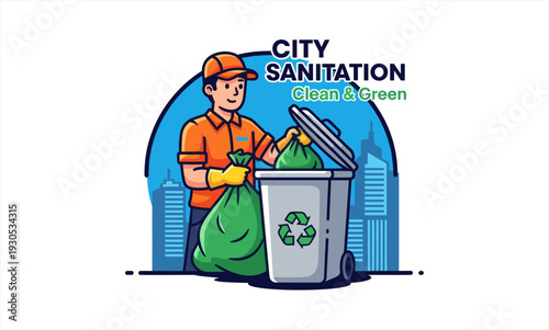 Sanitation worker collecting trash in a city environment.