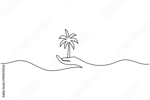 Palm tree holding hand continuous one line art minimal outline vector icon