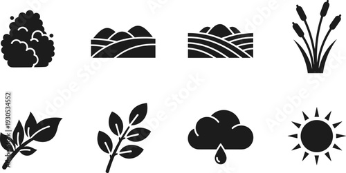 Set of nature and agriculture icons including plants, weather, and landscapes