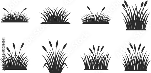 Collection of black silhouettes of cattails and grass on a white background
