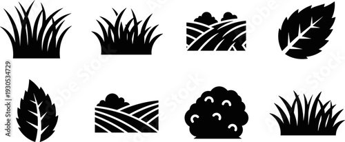 Collection of simple black icons representing nature elements like grass, leaves, and fields