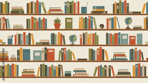 Colorful illustration of layered bookshelves filled with books, plants, and decorative items.
