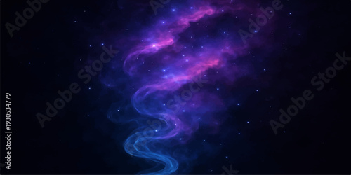 An abstract blue space background features a bright galaxy nebula with glowing stars and deep cosmos light throughout the dark outer universe