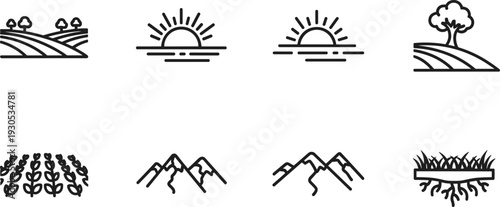Collection of simple line art icons representing nature and agriculture scenes