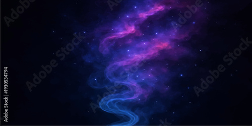 An abstract blue nebula of glowing smoke swirls through the deep black outer space of a dark cosmic universe filled with bright stars and fantasy galaxy constellations