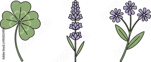 Simple illustration of a four-leaf clover, lavender, and small purple flowers