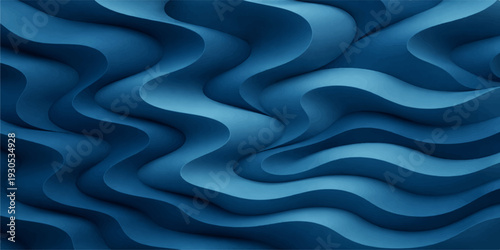 Abstract blue background featuring flowing waves of soft silk fabric with a shiny satin texture and liquid motion design